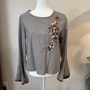 THML Gray Floral Embroidery Long Bell Sleeves Top Blouse